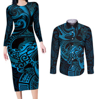 New Zealand Tuatara Couples Matching Long Sleeve Bodycon Dress and Long Sleeve Button Shirt Aotearoa Maori Clematis Flowers - Blue LT14 Blue - Polynesian Pride