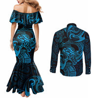 New Zealand Tuatara Couples Matching Mermaid Dress and Long Sleeve Button Shirt Aotearoa Maori Clematis Flowers - Blue LT14 - Polynesian Pride