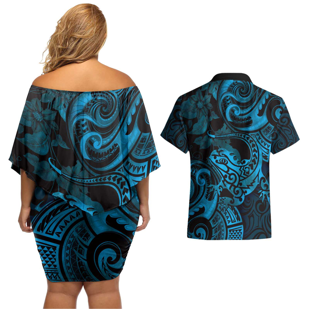 New Zealand Tuatara Couples Matching Off Shoulder Short Dress and Hawaiian Shirt Aotearoa Maori Clematis Flowers - Blue LT14 - Polynesian Pride