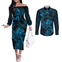 New Zealand Tuatara Couples Matching Off The Shoulder Long Sleeve Dress and Long Sleeve Button Shirt Aotearoa Maori Clematis Flowers - Blue LT14 Blue - Polynesian Pride