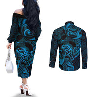 New Zealand Tuatara Couples Matching Off The Shoulder Long Sleeve Dress and Long Sleeve Button Shirt Aotearoa Maori Clematis Flowers - Blue LT14 - Polynesian Pride