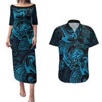 New Zealand Tuatara Couples Matching Puletasi and Hawaiian Shirt Aotearoa Maori Clematis Flowers - Blue LT14 Blue - Polynesian Pride