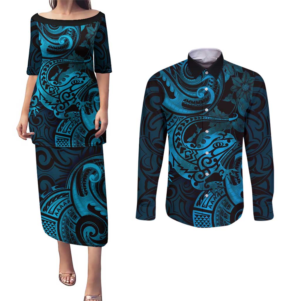 New Zealand Tuatara Couples Matching Puletasi and Long Sleeve Button Shirt Aotearoa Maori Clematis Flowers - Blue LT14 Blue - Polynesian Pride