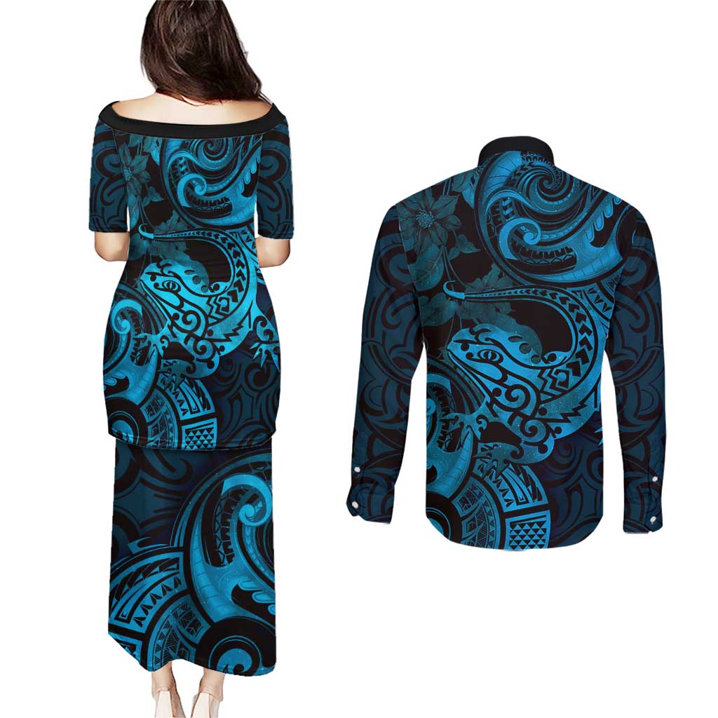 New Zealand Tuatara Couples Matching Puletasi and Long Sleeve Button Shirt Aotearoa Maori Clematis Flowers - Blue LT14 - Polynesian Pride