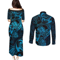 New Zealand Tuatara Couples Matching Puletasi and Long Sleeve Button Shirt Aotearoa Maori Clematis Flowers - Blue LT14 - Polynesian Pride