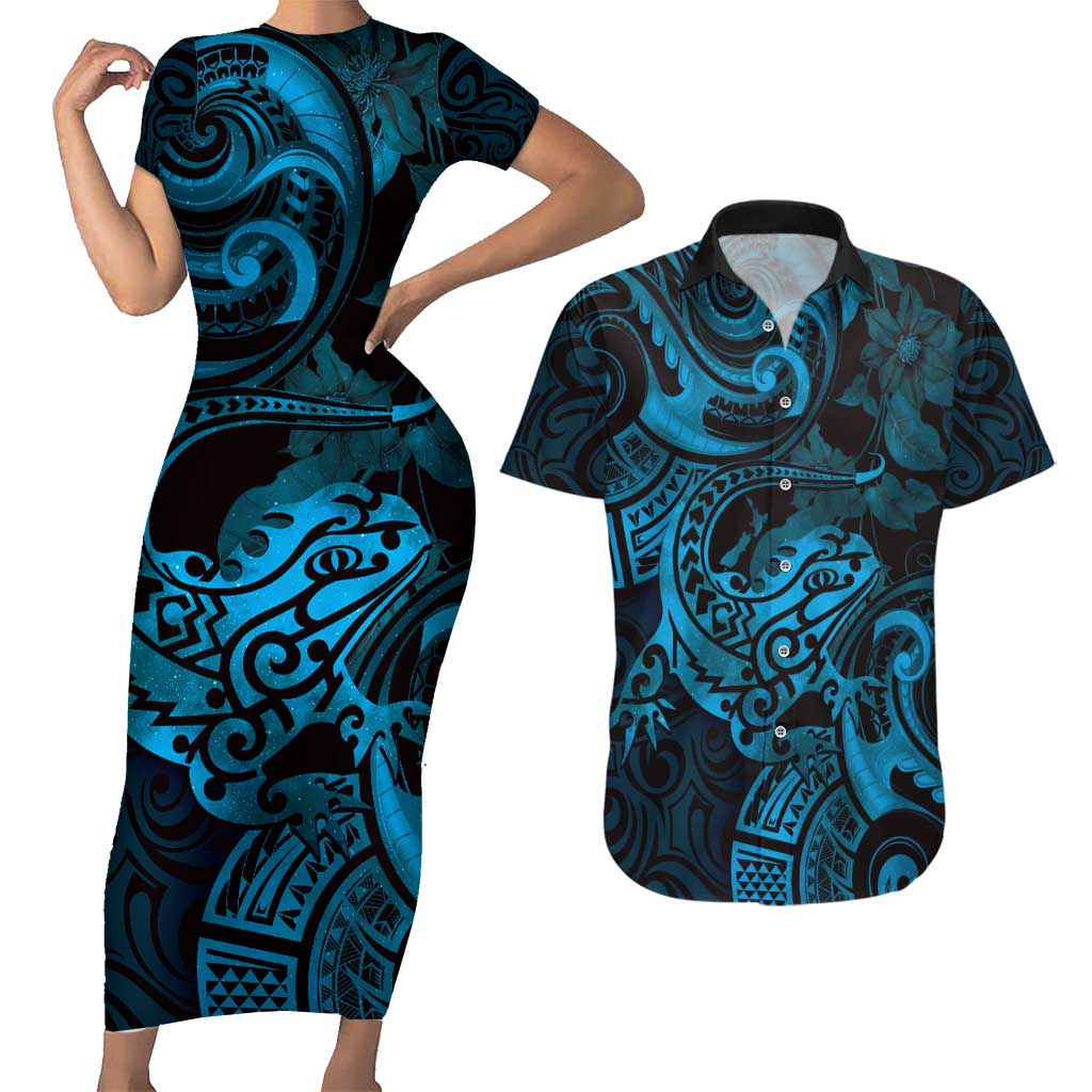 New Zealand Tuatara Couples Matching Short Sleeve Bodycon Dress and Hawaiian Shirt Aotearoa Maori Clematis Flowers - Blue