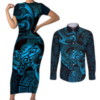 New Zealand Tuatara Couples Matching Short Sleeve Bodycon Dress and Long Sleeve Button Shirt Aotearoa Maori Clematis Flowers - Blue LT14 Blue - Polynesian Pride
