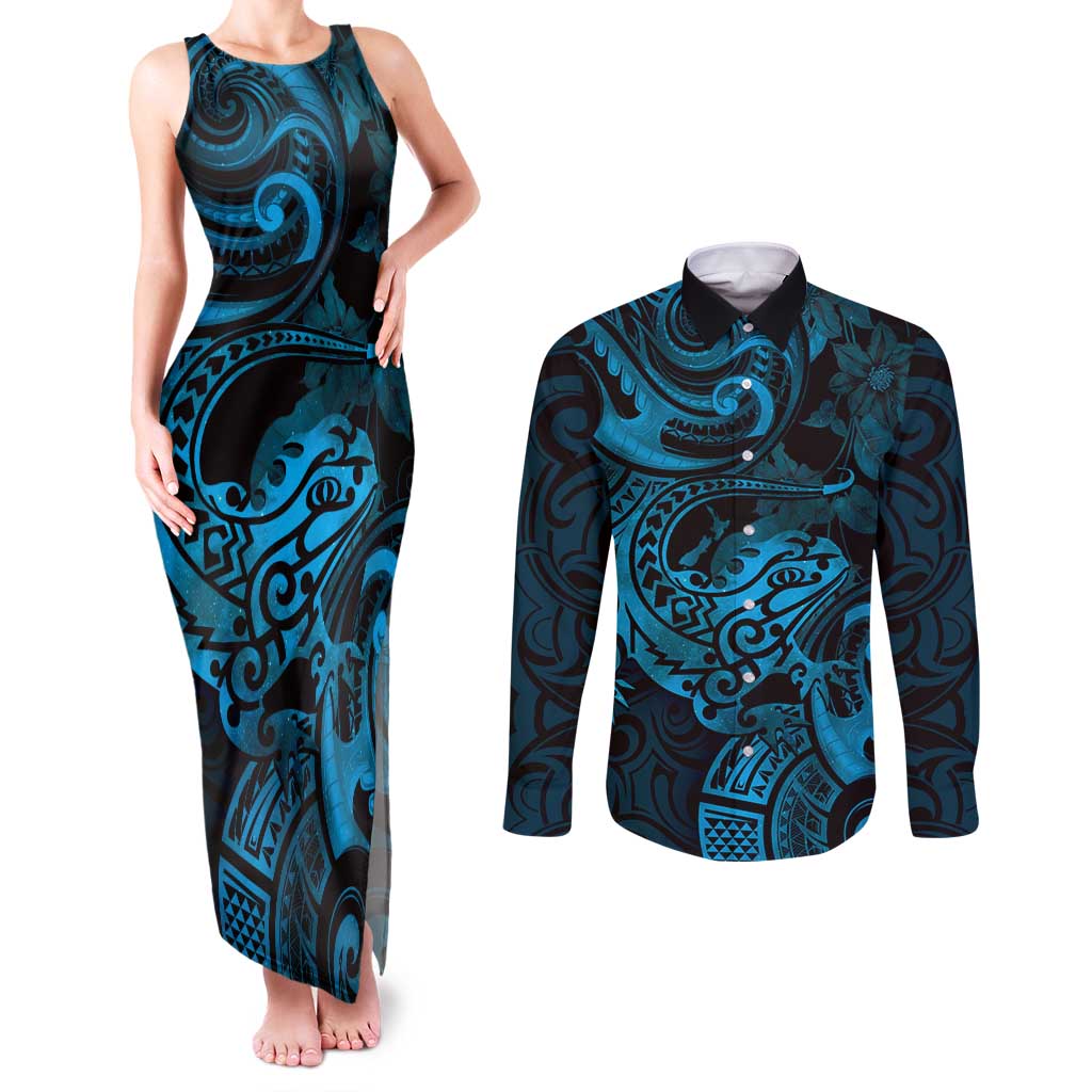 New Zealand Tuatara Couples Matching Tank Maxi Dress and Long Sleeve Button Shirt Aotearoa Maori Clematis Flowers - Blue LT14 Blue - Polynesian Pride