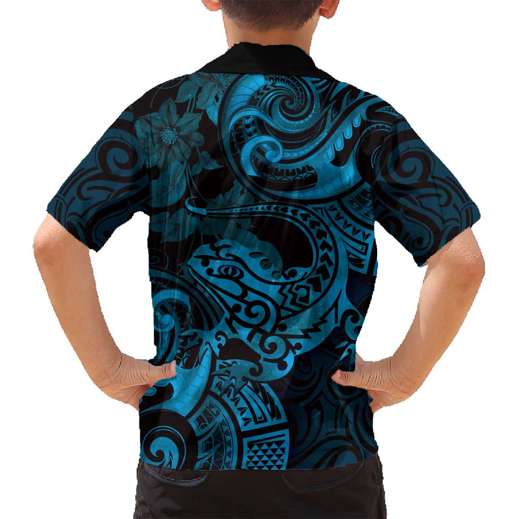 New Zealand Tuatara Family Matching Long Sleeve Bodycon Dress and Hawaiian Shirt Aotearoa Maori Clematis Flowers - Blue LT14 - Polynesian Pride