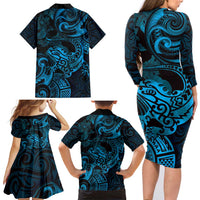 New Zealand Tuatara Family Matching Long Sleeve Bodycon Dress and Hawaiian Shirt Aotearoa Maori Clematis Flowers - Blue LT14 - Polynesian Pride