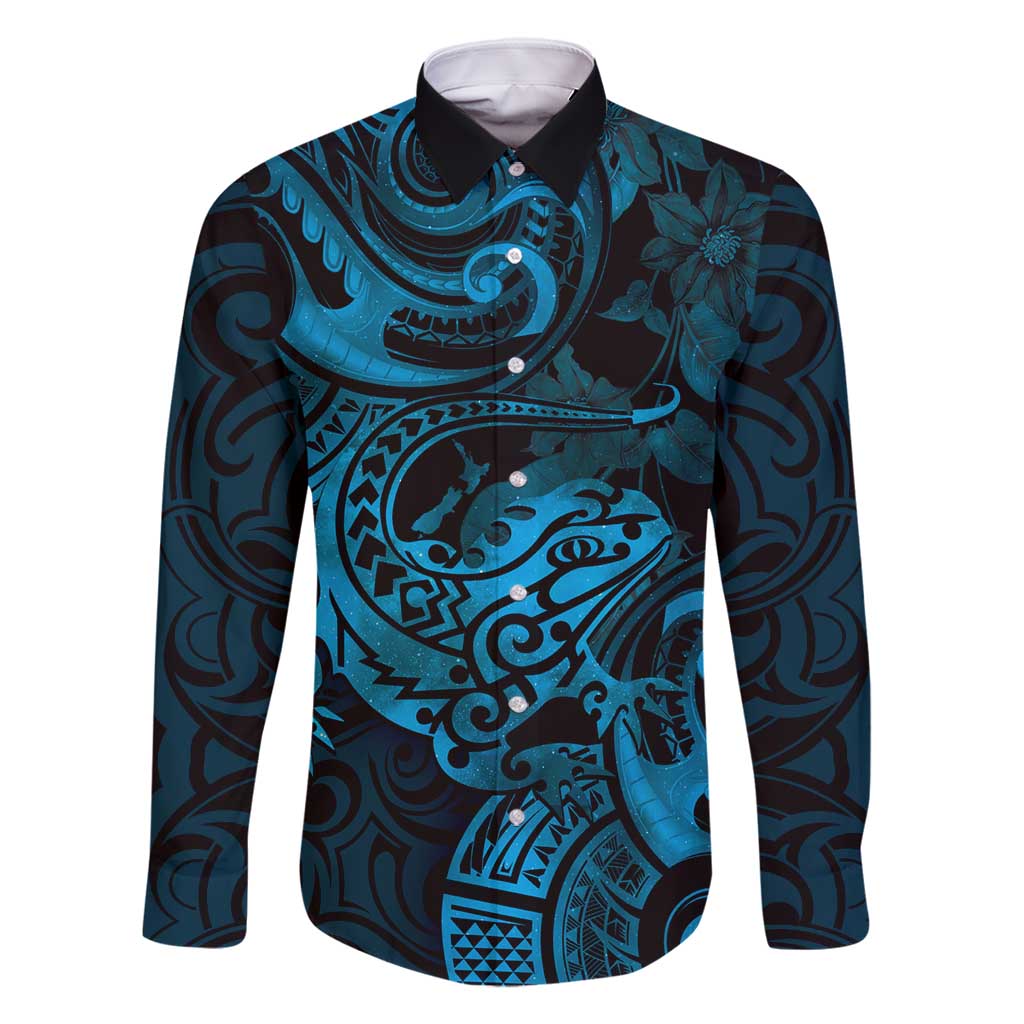 New Zealand Tuatara Family Matching Long Sleeve Bodycon Dress and Hawaiian Shirt Aotearoa Maori Clematis Flowers - Blue LT14 Dad's Shirt - Long Sleeve Blue - Polynesian Pride