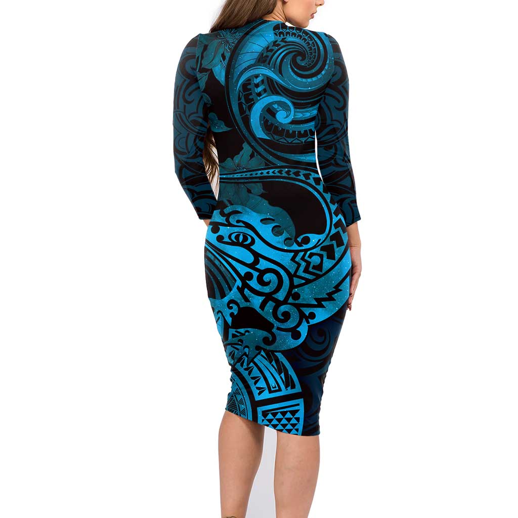 New Zealand Tuatara Family Matching Long Sleeve Bodycon Dress and Hawaiian Shirt Aotearoa Maori Clematis Flowers - Blue LT14 - Polynesian Pride