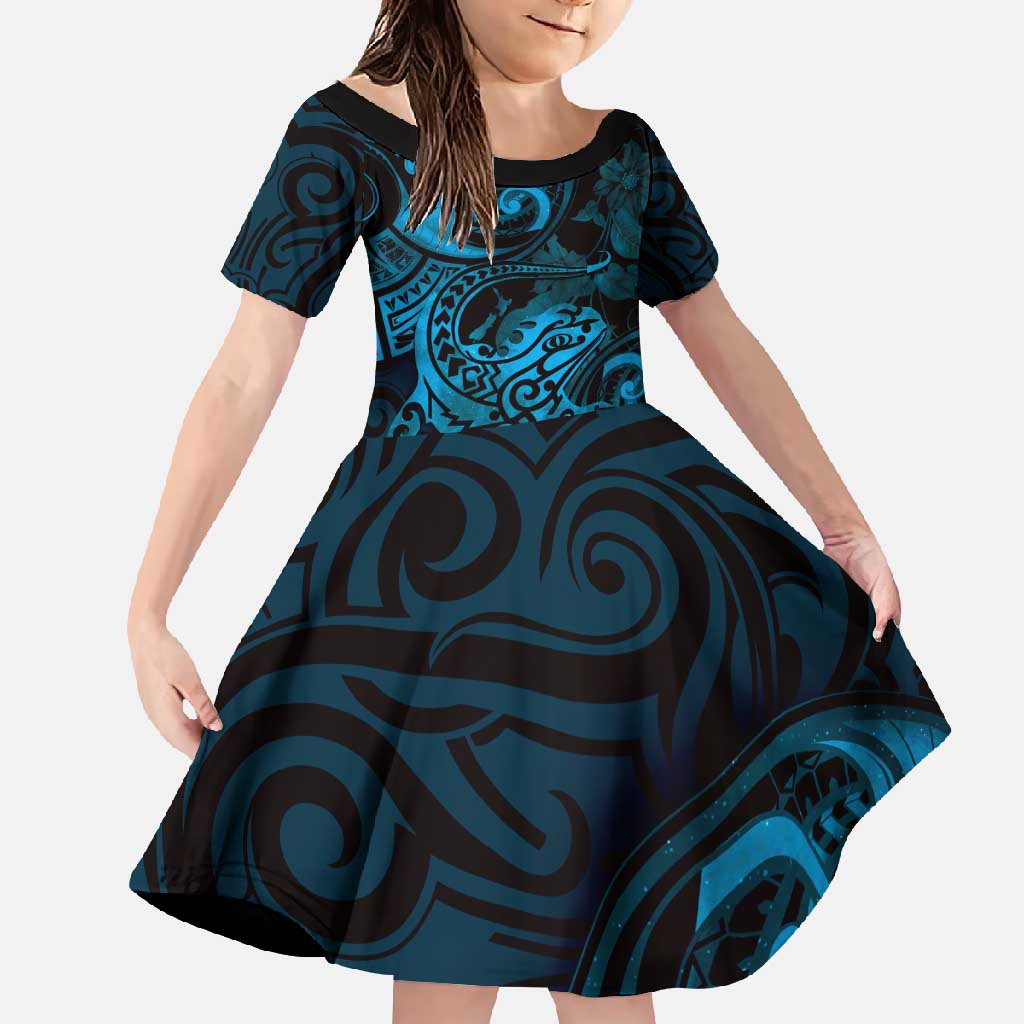 New Zealand Tuatara Family Matching Mermaid Dress and Hawaiian Shirt Aotearoa Maori Clematis Flowers - Blue LT14 Daughter's Dress Blue - Polynesian Pride