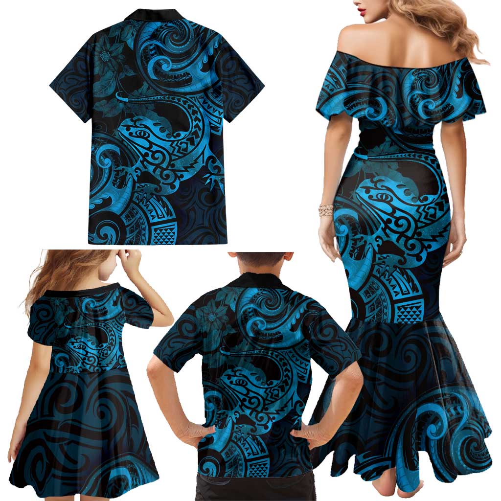 New Zealand Tuatara Family Matching Mermaid Dress and Hawaiian Shirt Aotearoa Maori Clematis Flowers - Blue LT14 - Polynesian Pride