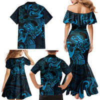 New Zealand Tuatara Family Matching Mermaid Dress and Hawaiian Shirt Aotearoa Maori Clematis Flowers - Blue LT14 - Polynesian Pride