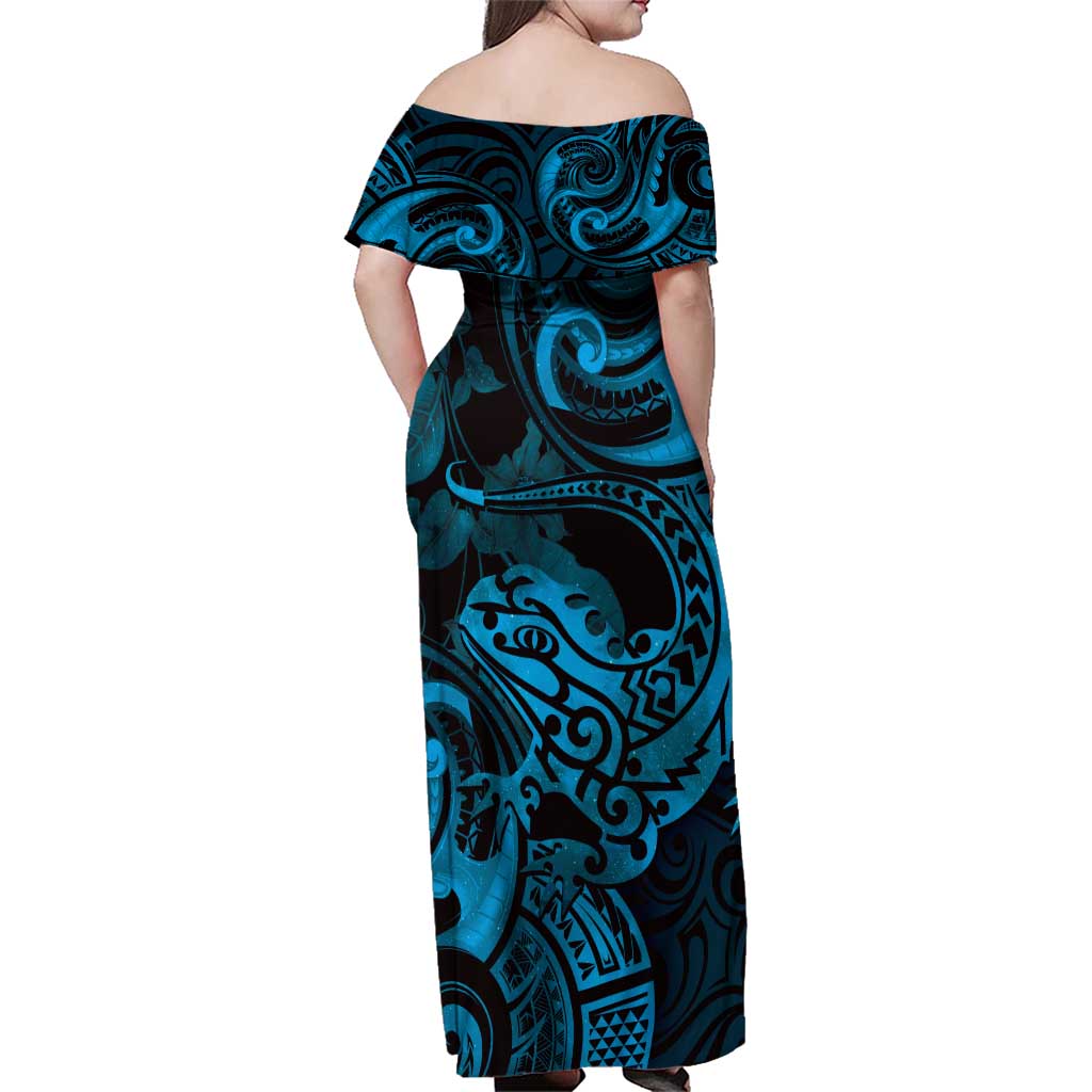 New Zealand Tuatara Family Matching Off Shoulder Maxi Dress and Hawaiian Shirt Aotearoa Maori Clematis Flowers - Blue