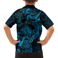 New Zealand Tuatara Family Matching Short Sleeve Bodycon Dress and Hawaiian Shirt Aotearoa Maori Clematis Flowers - Blue LT14 - Polynesian Pride