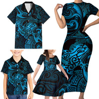 New Zealand Tuatara Family Matching Short Sleeve Bodycon Dress and Hawaiian Shirt Aotearoa Maori Clematis Flowers - Blue LT14 - Polynesian Pride