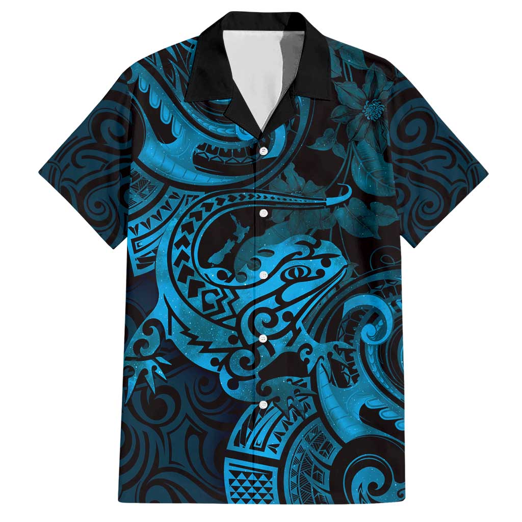 New Zealand Tuatara Family Matching Short Sleeve Bodycon Dress and Hawaiian Shirt Aotearoa Maori Clematis Flowers - Blue LT14 Dad's Shirt - Short Sleeve Blue - Polynesian Pride