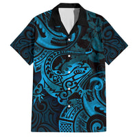 New Zealand Tuatara Family Matching Short Sleeve Bodycon Dress and Hawaiian Shirt Aotearoa Maori Clematis Flowers - Blue LT14 Dad's Shirt - Short Sleeve Blue - Polynesian Pride