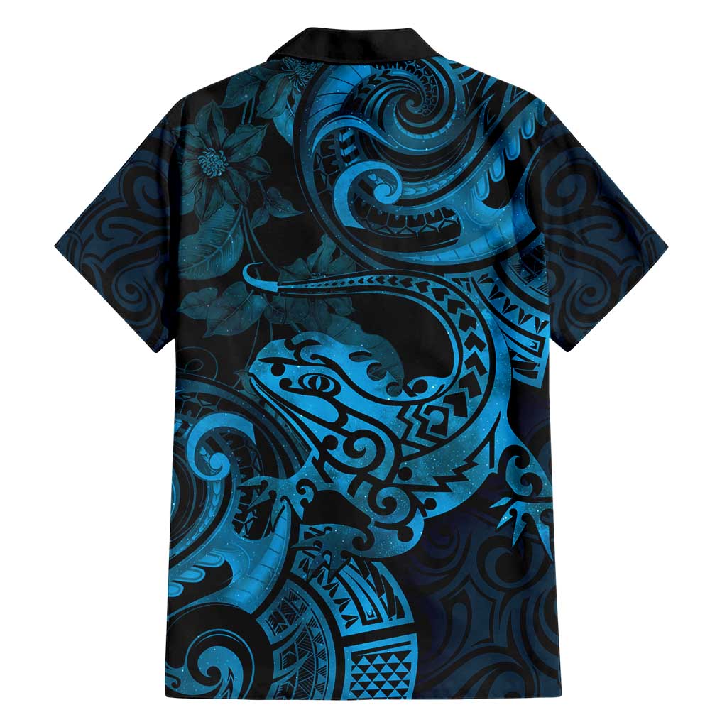 New Zealand Tuatara Family Matching Short Sleeve Bodycon Dress and Hawaiian Shirt Aotearoa Maori Clematis Flowers - Blue LT14 - Polynesian Pride