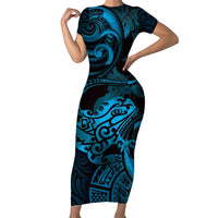 New Zealand Tuatara Family Matching Short Sleeve Bodycon Dress and Hawaiian Shirt Aotearoa Maori Clematis Flowers - Blue LT14 Mom's Dress Blue - Polynesian Pride