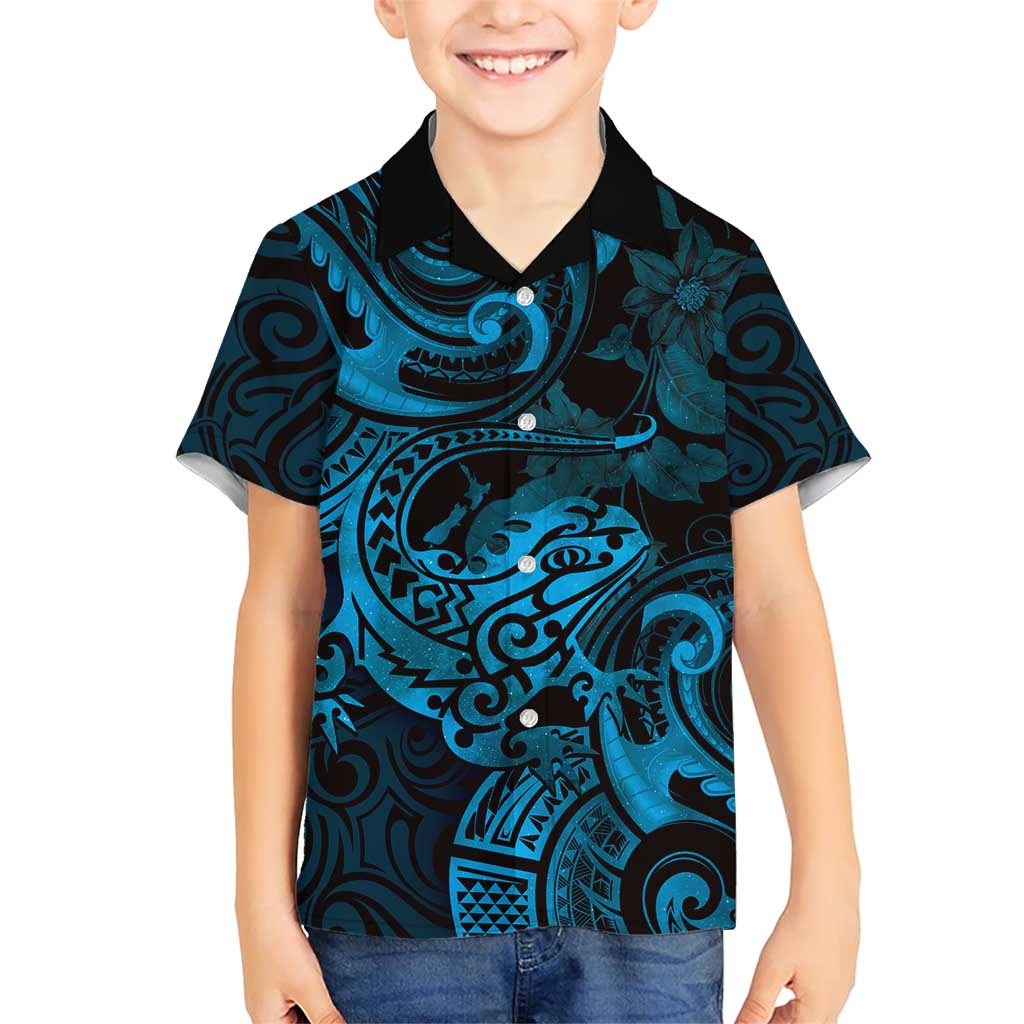 New Zealand Tuatara Family Matching Short Sleeve Bodycon Dress and Hawaiian Shirt Aotearoa Maori Clematis Flowers - Blue LT14 Son's Shirt Blue - Polynesian Pride