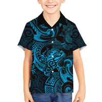 New Zealand Tuatara Family Matching Short Sleeve Bodycon Dress and Hawaiian Shirt Aotearoa Maori Clematis Flowers - Blue LT14 Son's Shirt Blue - Polynesian Pride