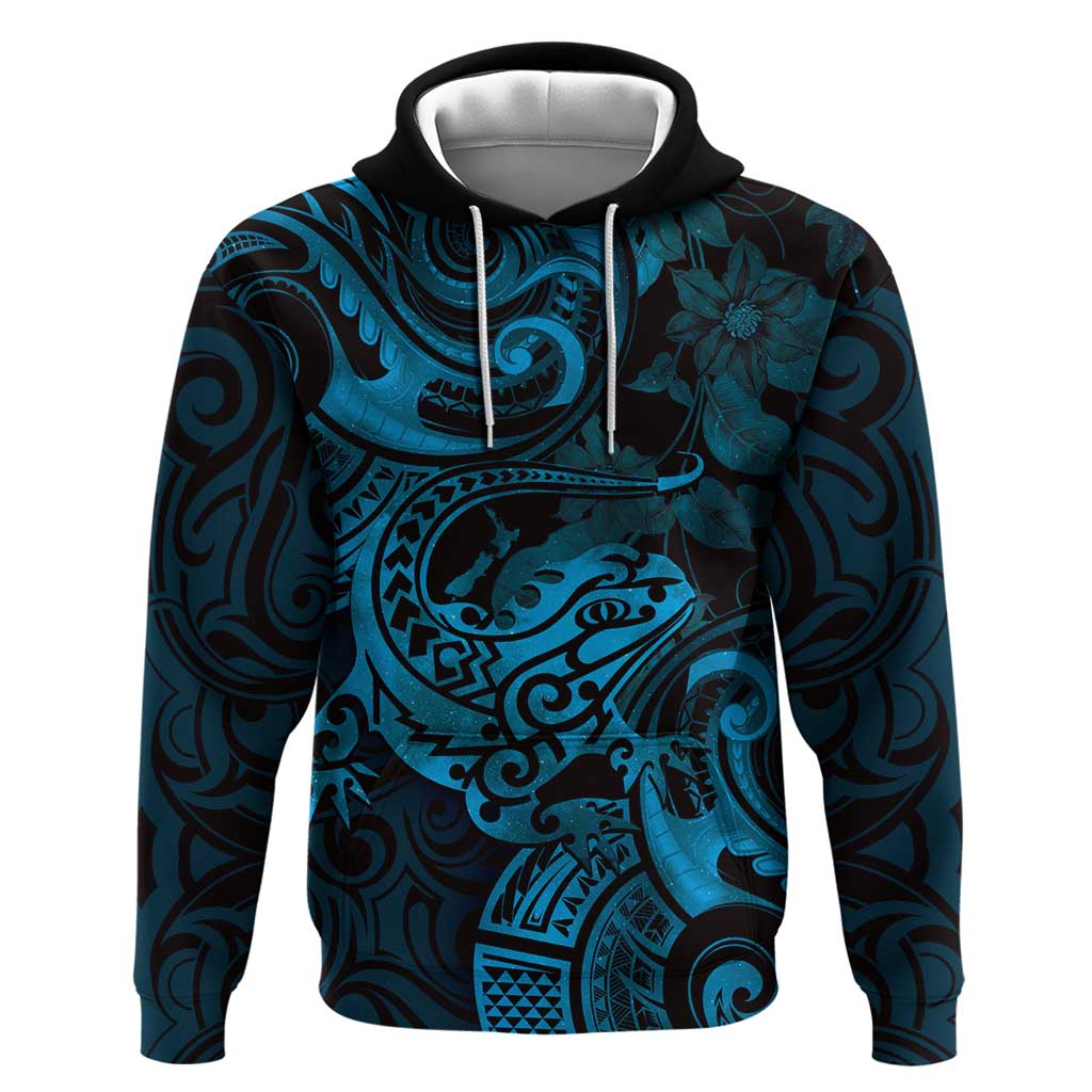 New Zealand Tuatara Hoodie Aotearoa Maori Clematis Flowers - Blue