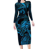 New Zealand Tuatara Long Sleeve Bodycon Dress Aotearoa Maori Clematis Flowers - Blue LT14 Long Dress Blue - Polynesian Pride