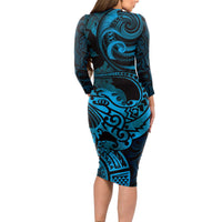 New Zealand Tuatara Long Sleeve Bodycon Dress Aotearoa Maori Clematis Flowers - Blue LT14 - Polynesian Pride