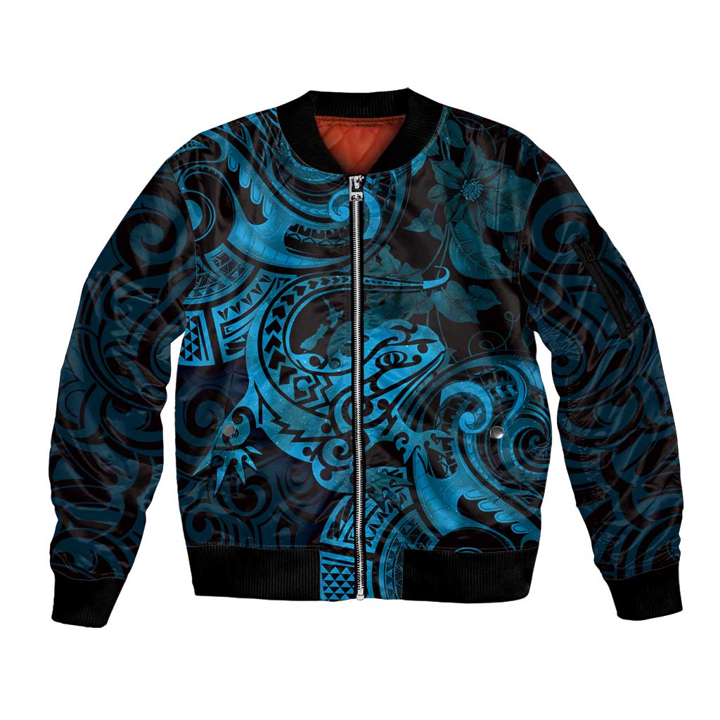 New Zealand Tuatara Sleeve Zip Bomber Jacket Aotearoa Maori Clematis Flowers - Blue