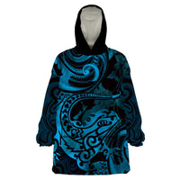 New Zealand Tuatara Wearable Blanket Hoodie Aotearoa Maori Clematis Flowers - Blue