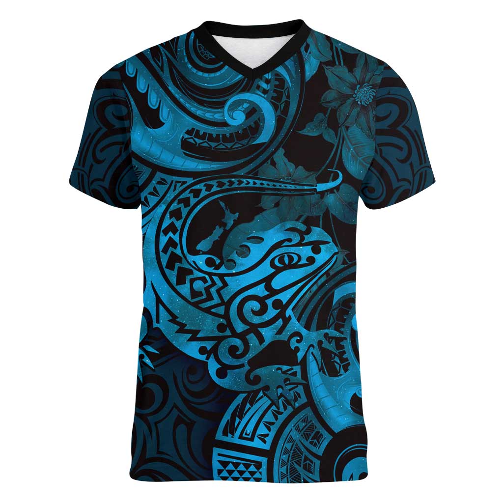 New Zealand Tuatara Women V-Neck T-Shirt Aotearoa Maori Clematis Flowers - Blue LT14 Female Blue - Polynesian Pride