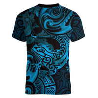 New Zealand Tuatara Women V-Neck T-Shirt Aotearoa Maori Clematis Flowers - Blue LT14 - Polynesian Pride