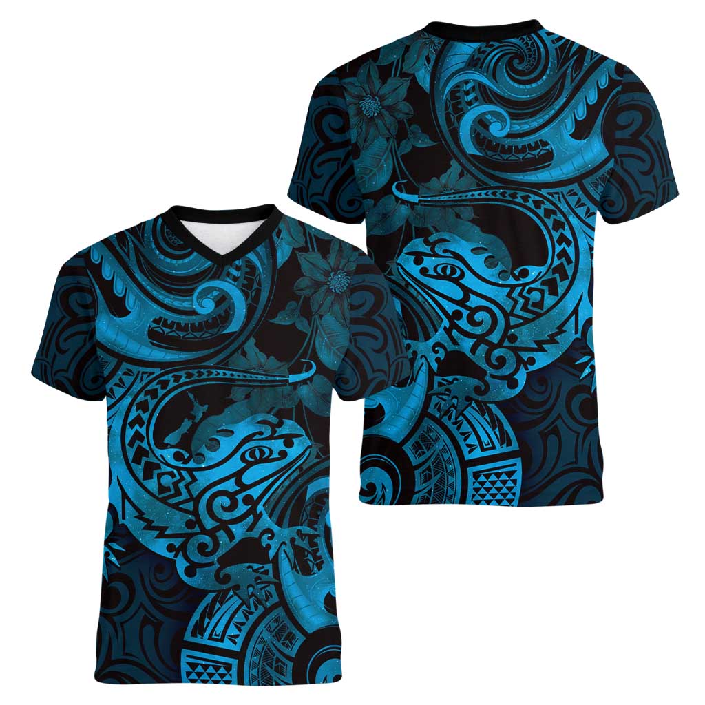 New Zealand Tuatara Women V-Neck T-Shirt Aotearoa Maori Clematis Flowers - Blue LT14 - Polynesian Pride