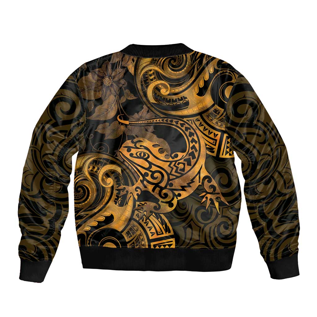 New Zealand Tuatara Bomber Jacket Aotearoa Maori Clematis Flowers - Gold LT14 - Polynesian Pride