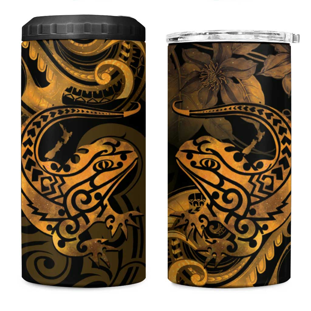 New Zealand Tuatara 4 in 1 Can Cooler Tumbler Aotearoa Maori Clematis Flowers - Gold LT14 One Size: 16 oz Gold - Polynesian Pride