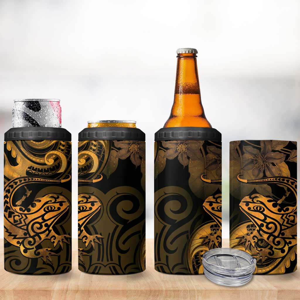 New Zealand Tuatara 4 in 1 Can Cooler Tumbler Aotearoa Maori Clematis Flowers - Gold LT14 - Polynesian Pride