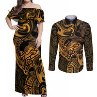 New Zealand Tuatara Couples Matching Off Shoulder Maxi Dress and Long Sleeve Button Shirt Aotearoa Maori Clematis Flowers - Gold LT14 Gold - Polynesian Pride