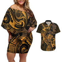 New Zealand Tuatara Couples Matching Off Shoulder Short Dress and Hawaiian Shirt Aotearoa Maori Clematis Flowers - Gold LT14 Gold - Polynesian Pride