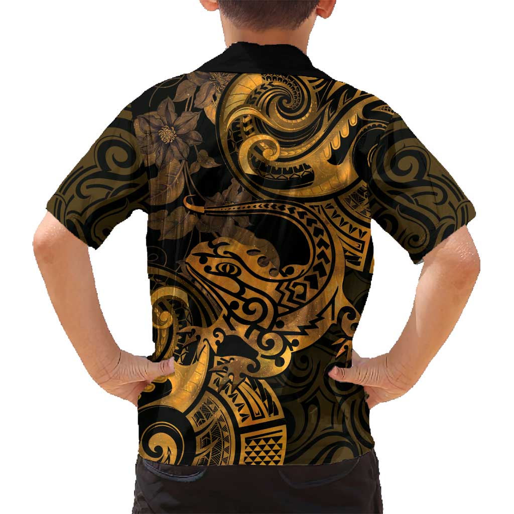 New Zealand Tuatara Family Matching Long Sleeve Bodycon Dress and Hawaiian Shirt Aotearoa Maori Clematis Flowers - Gold LT14 - Polynesian Pride