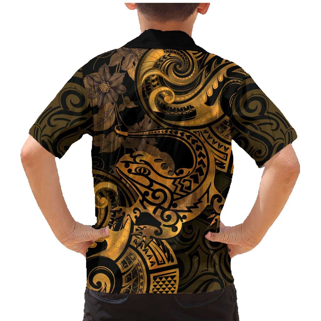 New Zealand Tuatara Family Matching Mermaid Dress and Hawaiian Shirt Aotearoa Maori Clematis Flowers - Gold LT14 - Polynesian Pride