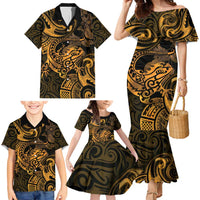 New Zealand Tuatara Family Matching Mermaid Dress and Hawaiian Shirt Aotearoa Maori Clematis Flowers - Gold LT14 - Polynesian Pride