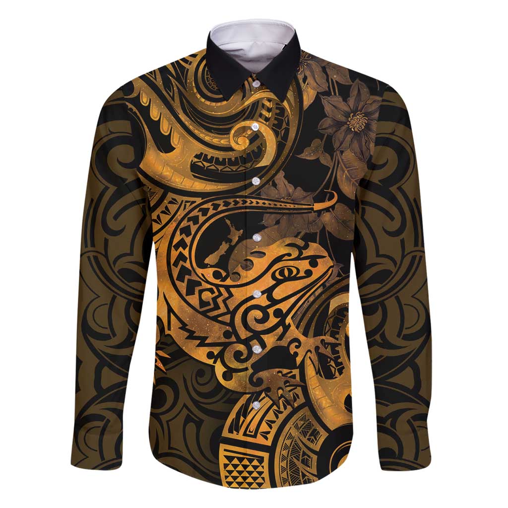 New Zealand Tuatara Family Matching Mermaid Dress and Hawaiian Shirt Aotearoa Maori Clematis Flowers - Gold LT14 Dad's Shirt - Long Sleeve Gold - Polynesian Pride