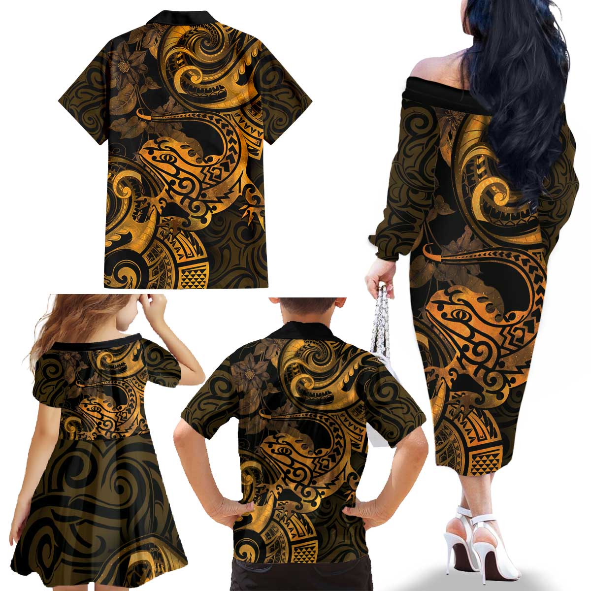 New Zealand Tuatara Family Matching Off The Shoulder Long Sleeve Dress and Hawaiian Shirt Aotearoa Maori Clematis Flowers - Gold