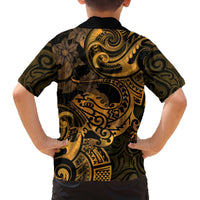 New Zealand Tuatara Family Matching Puletasi and Hawaiian Shirt Aotearoa Maori Clematis Flowers - Gold LT14 - Polynesian Pride