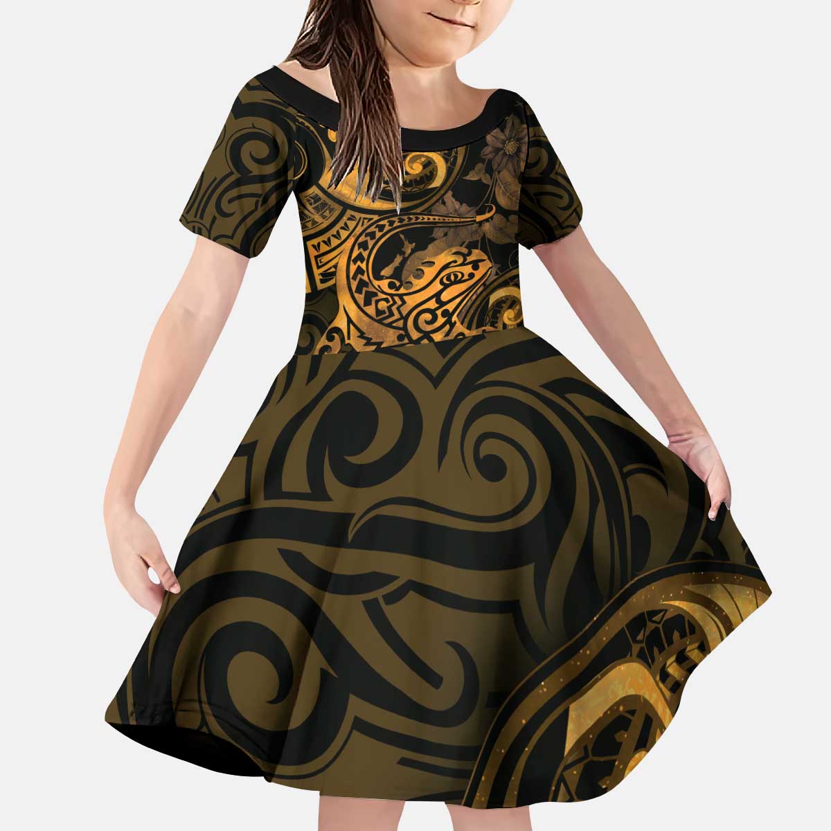 New Zealand Tuatara Family Matching Puletasi and Hawaiian Shirt Aotearoa Maori Clematis Flowers - Gold LT14 Daughter's Dress Gold - Polynesian Pride