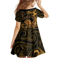 New Zealand Tuatara Family Matching Short Sleeve Bodycon Dress and Hawaiian Shirt Aotearoa Maori Clematis Flowers - Gold LT14 - Polynesian Pride