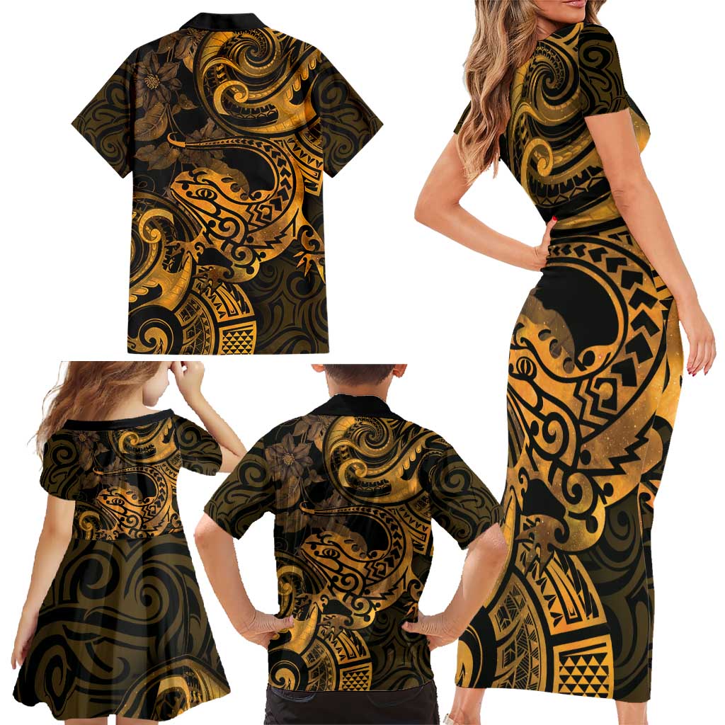 New Zealand Tuatara Family Matching Short Sleeve Bodycon Dress and Hawaiian Shirt Aotearoa Maori Clematis Flowers - Gold LT14 - Polynesian Pride